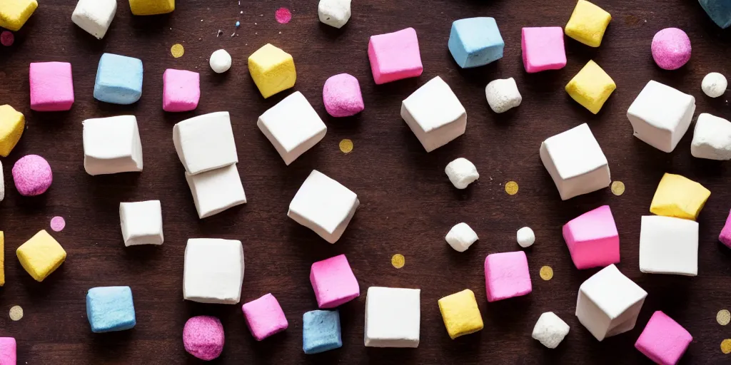 Prompt: photograph of a marshmallow cubes with sprinkles and on a dark wooden chopping board, pastel colours, hessian cloth, styled food photography, photorealistic, 4 k, coffee, chocolate, hdr, 8 k