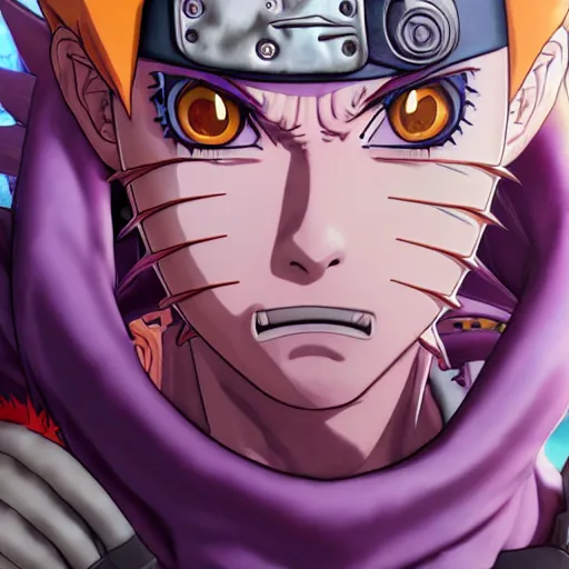 Prompt: close up portrait of a naruto in smooth purple ninja uniform, blue spiked hair, muscular, intense, body of an ultrafine hyperdetailed illustration by kim jung gi, irakli nadar, intricate linework, sharp focus, bright colors, octopath traveler, final fantasy, unreal engine 5, global illumination, radiant light.
