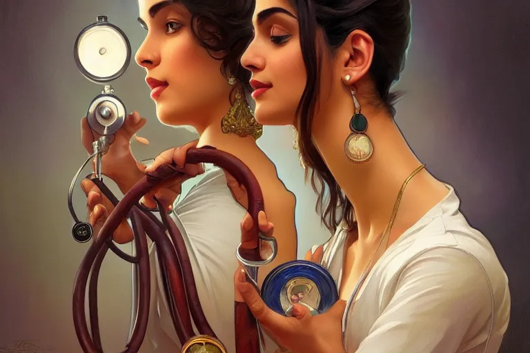 Image similar to sensual pale beautiful indian doctor in jeans with stethoscope, art deco portrait, elegant, intricate, digital painting, artstation, concept art, smooth, sharp focus, illustration, art by artgerm and greg rutkowski and alphonse mucha