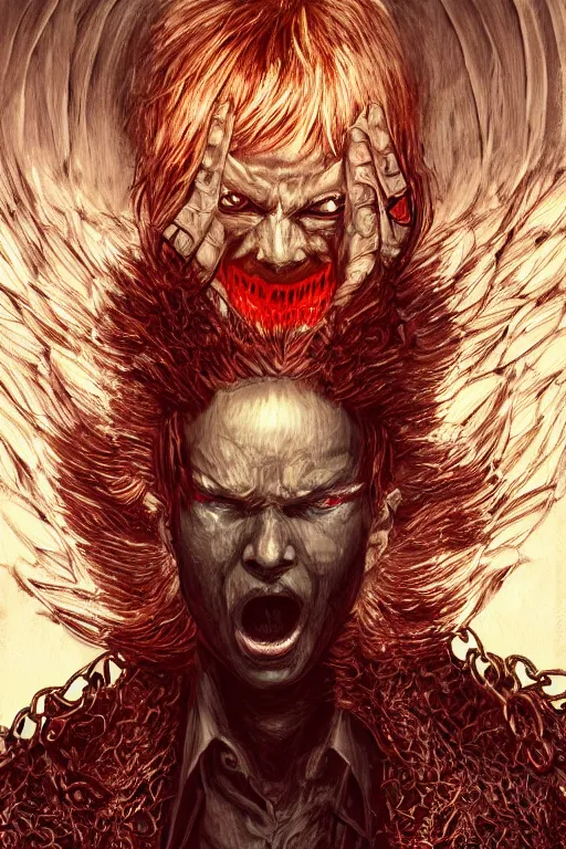 Image similar to lucifer, dark angel, red eyes, chain, handcuffs, large chain, wide open mouth, scream, cruelty, sad, sea bottom, light effect, hyper detailed, intricate, elegant, highly detailed, digital painting, artstation, concept art, matte, sharp focus, illustration, by dan mumford, yusuke murata, makoto shinkai, ross tran