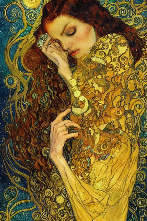 Image similar to Visions of Paradise by Karol Bak, Jean Deville, Gustav Klimt, and Vincent Van Gogh, visionary, otherworldly, fractal structures, ornate gilded medieval icon, third eye, spirals, heavenly spiraling clouds with godrays, airy colors