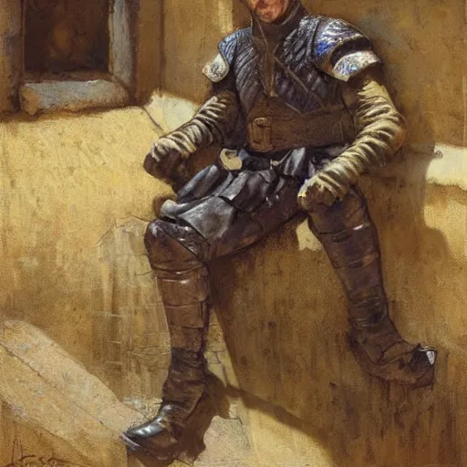 Prompt: a medieval guard, relaxing after a fight, candid and worn out, fantasy character portrait by gaston bussiere, craig mullins