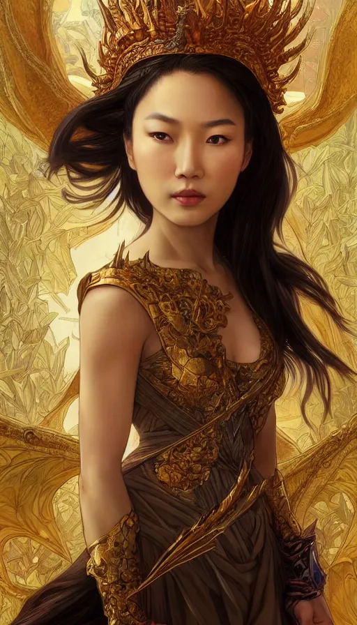 Image similar to dragon queen, captured, perfectly-centered-Portrait of the most beautiful asian woman on the planet, insane, intricate, highly detailed, digital painting, artstation, concept art, smooth, sharp focus, illustration, Unreal Engine 5, 8K, art by artgerm and greg rutkowski and alphonse mucha