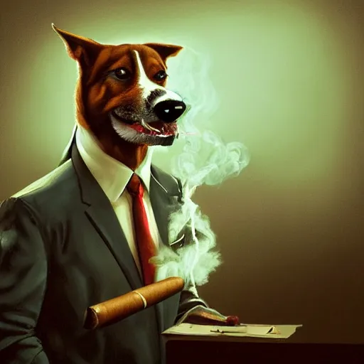 Image similar to a dog wearing a business suit smoking a cigar, dramatic lighting, cinematic, establishing shot, extremly high detail, photorealistic, cinematic lighting, concept art, artstation, style by greg rutkowsky