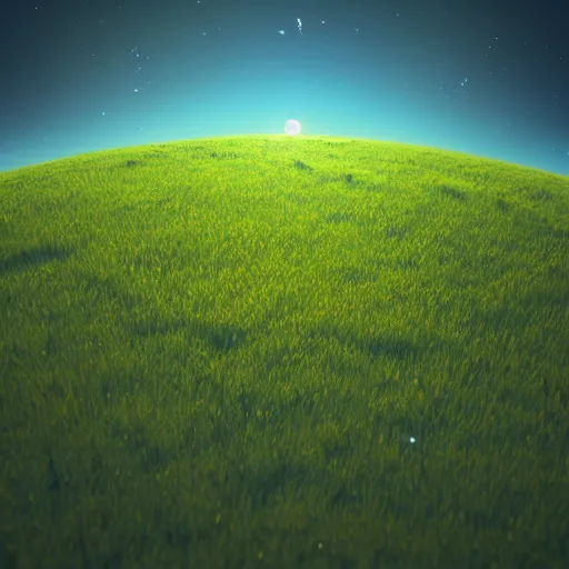 Prompt: a tiny round planet covered in grass floating in space, octane render, 3 d digital art by beeple, unreal engine 5, award winning,