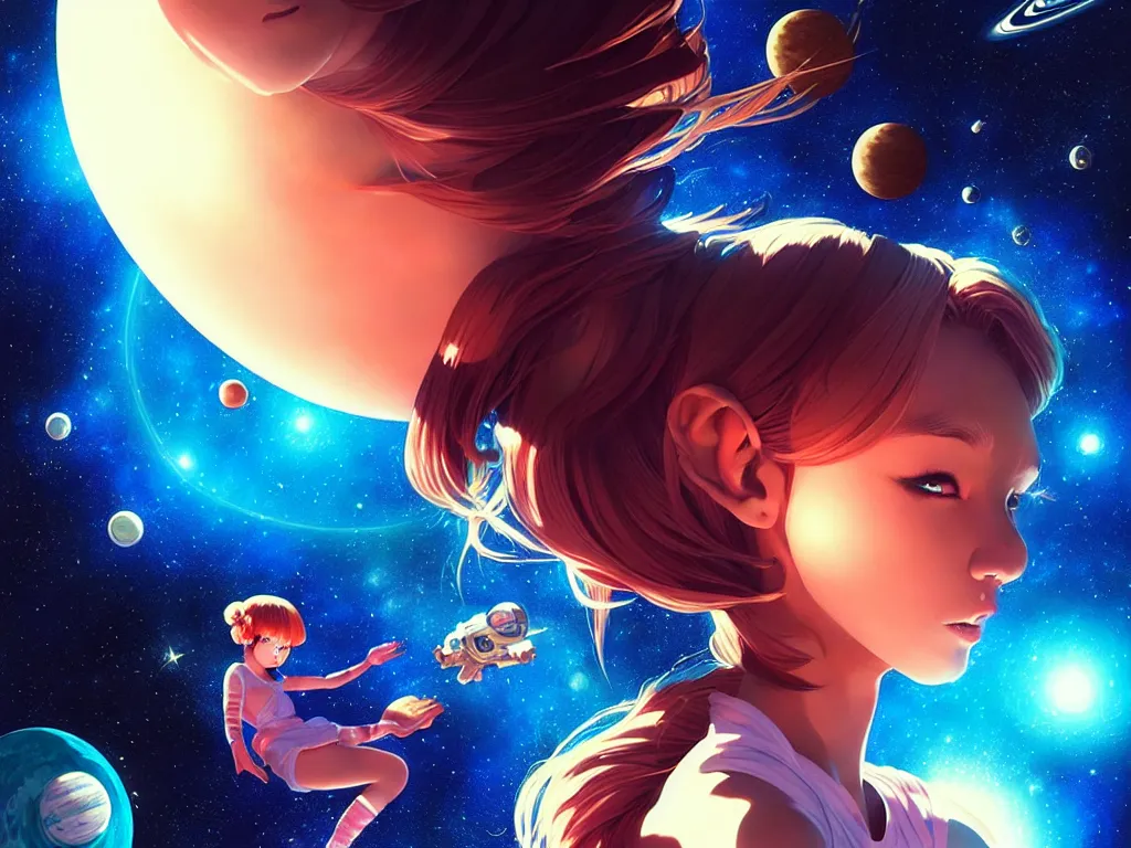 Prompt: lovely space girl flying to the saturn with her animal compaions, occlusion shadow, specular reflection, rim light, unreal engine, artgerm, artstation, art by hiroaki samura and ilya kuvshinov and ossdraws, high quality, intricate detailed 8 k, fantasy illustration, extremely beautiful and aesthetic shape of face and body, movie poster