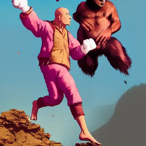 Image similar to monk fight monkey with pink gloves, retro 5 0 s style, art by by greg rutkowski and siudmak and richard corben and moebius