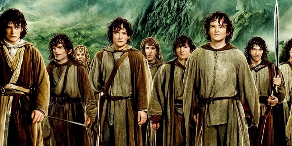 Image similar to the lord of the rings but frodo is the tallest among the fellowship promo shot from movie by peter jackson