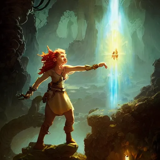 Image similar to a female fantasy halfling hobbit fistfighter, speaking to her glowing goddess of mist and light, detailed dynamic light painting by peter mohrbacher and albrecht anker