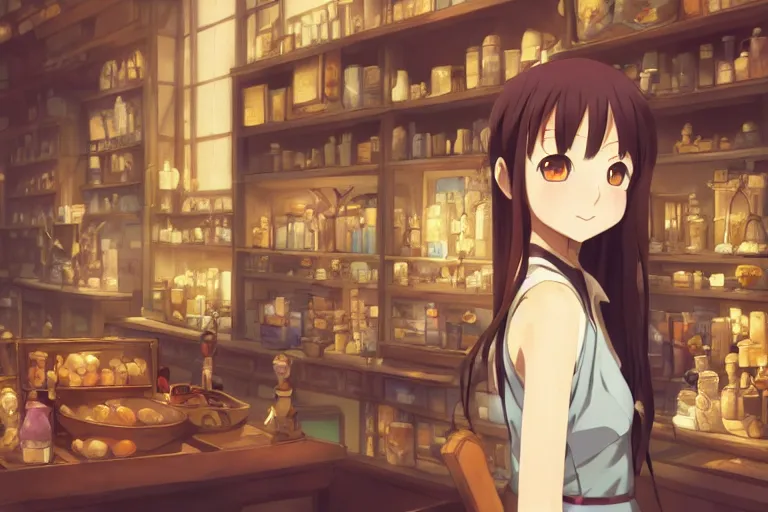 Image similar to anime visual, portrait of a young female traveler in a alchemist's shop interior, cute face by yoh yoshinari, katsura masakazu, studio lighting, dynamic pose, dynamic perspective, strong silhouette, anime cels, ilya kuvshinov, cel shaded, crisp and sharp, rounded eyes, moody, ( ( cool colors ) )