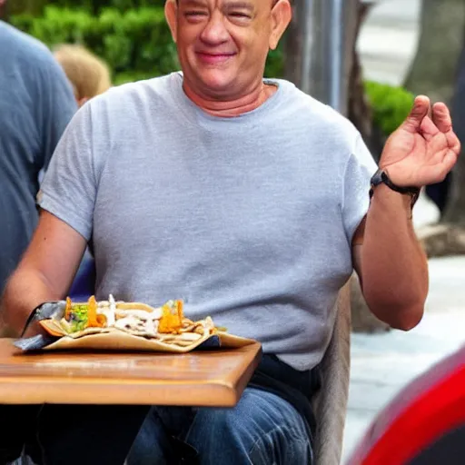 Prompt: Tom Hanks looking extremely happy while eating alone at Taco Bell