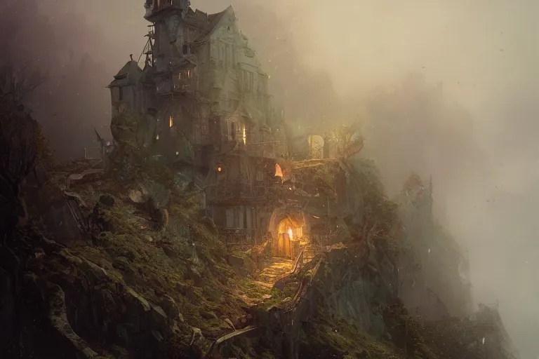 Prompt: unkind haunted house that hasn't been maintained properly sitting atop a narrow cliff on a bouncy hillside, overlooking a grim ocean, digital painting by greg rutkowski and gaston bussiere, trending on artstation, cgsociety contest winner, zbrush, intricately defined, comprehensive art, 4 k