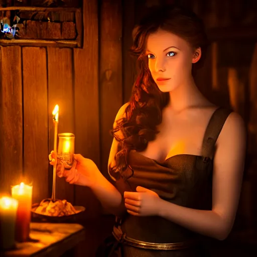 Prompt: young attractive beautiful bar maid in a medieval tavern at night with candles, wow 4 k detail fantasy, matte painting, realistic materials, photo realistic, postprocessing, cinematic, hyperrealistic, studio lighting, photography by richard jenkins