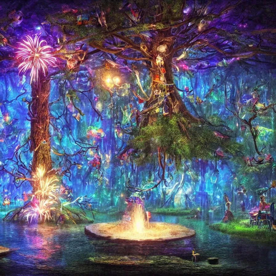 Image similar to closeup of a night carnival inside a tree cavity, a magical in a summer storm with a music scenario with many fireworks and christmas lights, next to a lake with iridiscent lake water, volumetric lightning, folklore people disguised with fantastic creatures in a magical forest by summer night, masterpiece painted fantasy art, scene by dark night environment, refraction lights, five star stories