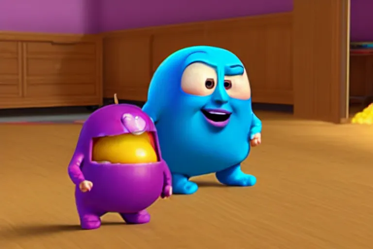 Image similar to a jelly bean, happy, moving boxes from a bed to the floor, pixar