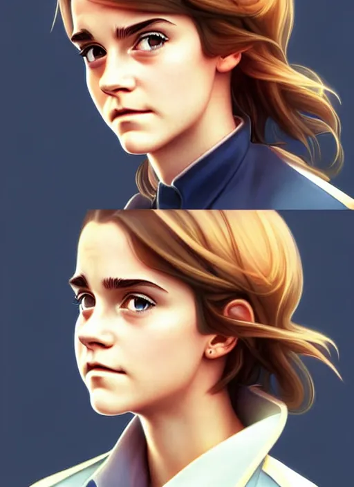 Image similar to cute bus driver emma watson, natural lighting, path traced, highly detailed, high quality, digital painting, by don bluth and ross tran and studio ghibli and alphonse mucha, artgerm