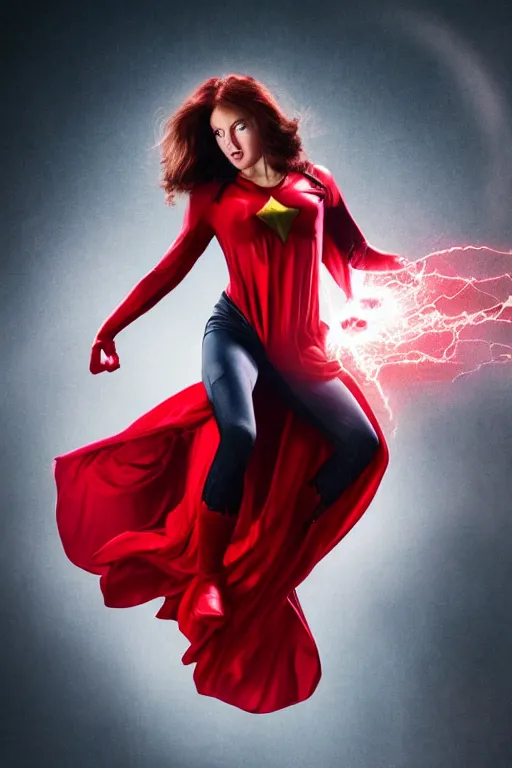 Image similar to marvel superhero, beautiful woman, floating in the air, red tight costume and red long hair, black cloak, electricity, hyper real photo, detailed portrait, dark background texture, 8 k, concept art, illustration by john byrne and terry austin. cinematic dramatic atmosphere, sharp focus, volumetric lighting, cinematic lighting, studio quality