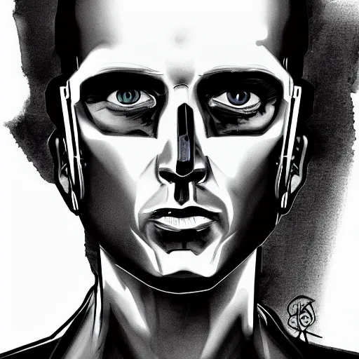 Prompt: hank j wimbleton cyberpunk futuristic darkblue eyes realistic detailed black and white