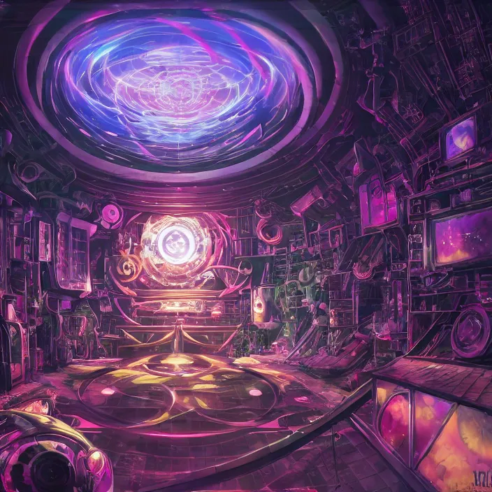 Image similar to Albedo from overlord, mamimi samejima, psychedelic background, epcot, inside a space station, eye of providence, female anime character, Lain, uwu, uwu, Luminism, Tomas Sanchez, Karla Knight, surrealism, Simon Stålenhag, M. C. Escher, Ruan Jia, uwu Hi-Fructose, Artstation, HD, HDR, High Resolution, technological rings, giygas