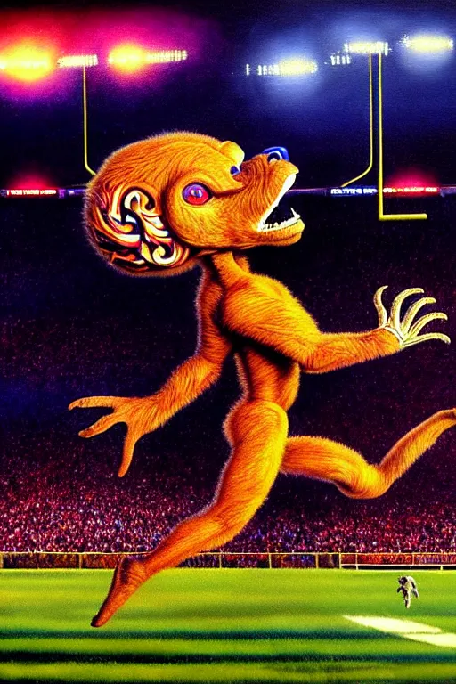 Image similar to a hyperrealistic painting of a chimeric creature scoring a touchdown on the foot ball field. cinematic horror by chris cunningham, lisa frank, richard corben, highly detailed, vivid color,