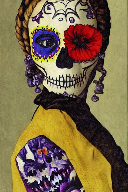 Prompt: illustration of a sugar skull day of the dead girl, art by johannes vermeer