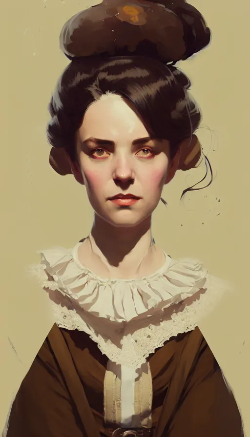 Image similar to hyper - realistic portrait of saorise rohnan as a victorian lady by atey ghailan, by greg rutkowski, by greg tocchini, by james gilleard, by joe fenton, by kaethe butcher, dynamic lighting, gradient light yellow, brown, blonde cream and white color scheme, grunge aesthetic