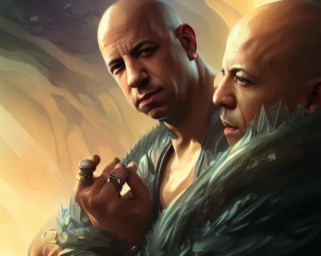 Prompt: photography of vin diesel, deep focus, d & d, fantasy, intricate, elegant, highly detailed, digital painting, artstation, concept art, matte, sharp focus, illustration, hearthstone, art by artgerm and greg rutkowski and alphonse mucha