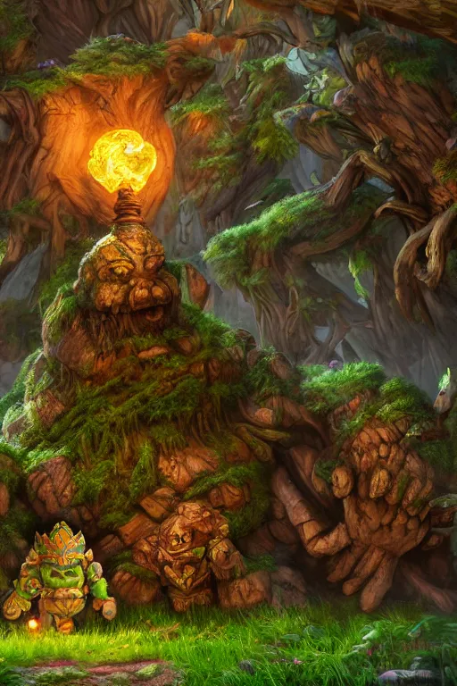 Image similar to zelda fantasy art giant golem troll wood rock greeble gemstone enchanted forest, global illumination ray tracing hdr fanart arstation by sung choi and eric pfeiffer and gabriel garza and casper konefal bastion forged hardmesh lisa frank zbrush central radiating a glowing aura global illumination ray tracing hdr