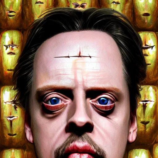 Image similar to hyperrealistic mixed media high resolution painting of (Steve Buscemi) disguised as !!Hellraiser!!, stunning 3d render inspired art by Jamie Salmon and István Sándorfi and Greg Rutkowski, perfect facial symmetry, dim volumetric lighting, 8k octane beautifully detailed render, full body shot, post-processing, extremely hyper-detailed, intricate, epic composition, highly detailed attributes, highly detailed atmosphere, cinematic lighting, masterpiece, trending on artstation, very very detailed, masterpiece, stunning, flawless completion, lifelike texture, perfection,