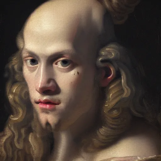 Image similar to A 17th century Baroque Painting of Maxmoefoe, grainy, realistic, hyperrealistic, very realistic, very very realistic, highly detailed, very detailed, extremely detailed, detailed, digital art, trending on artstation, detailed face, very detailed face, very detailed face, realism, HD Quality, 8k resolution, intricate details, body and head in frame, painting, oil painting, trending on deviantart, Baroque Painting