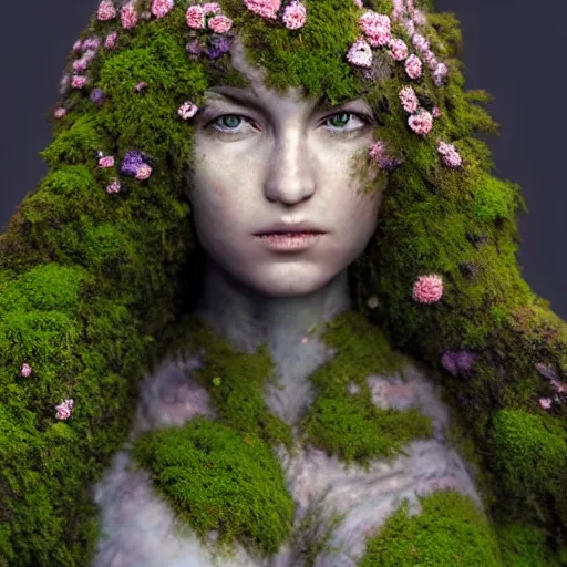 Prompt: a human figure made of moss and flowers, beautiful high quality realistic fantasy art, trending on artstation