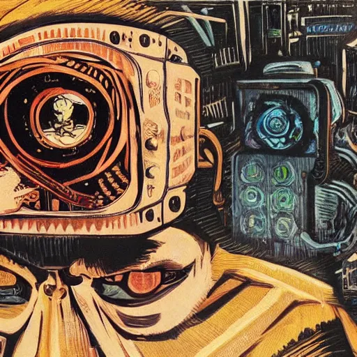 Image similar to Illustrated by Shepard Fairey and H.R. Giger | ((Cyberpunk Van Gogh with VR helmet, surrounded by cables))