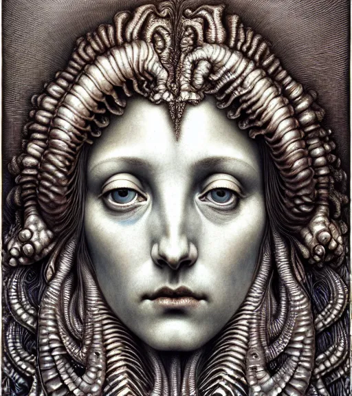 Image similar to detailed realistic beautiful conch goddess face portrait by jean delville, gustave dore, iris van herpen and marco mazzoni, art forms of nature by ernst haeckel, art nouveau, symbolist, visionary, gothic, neo - gothic, pre - raphaelite, fractal lace, intricate alien botanicals, ai biodiversity, surreality, hyperdetailed ultrasharp octane render