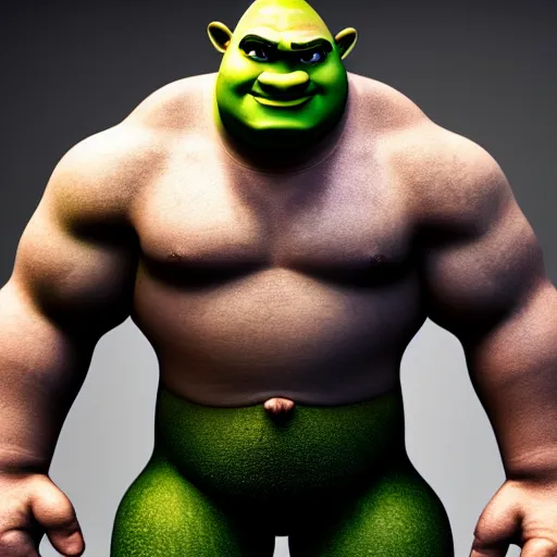 Prompt: muscular shrek with short brown curly hair with bangs and a chiseled jawline as he pridefully flexes his muscles intensely, realistic hyperrealistic 4 k resolution 8 k resolution highly detailed very detailed extremely detailed hd quality detailed face very detailed face extremely detailed face trending on artstation
