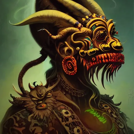 Image similar to side profile of barong family member, wiwek, mara demon, one single tribe member, jungle, one single mask, dark, voodoo, witch doctor, tribal, inner glow, paint by peter mohrbacher