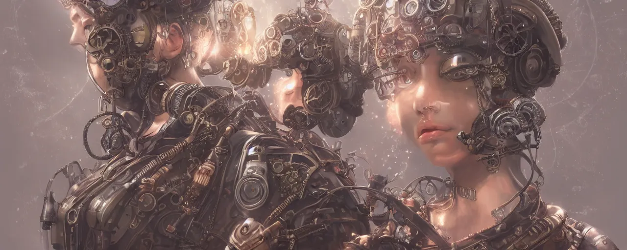 Image similar to portrait of a steampunk sci-fi machine, third person, D&D, sci-fi fantasy, intricate, hologram colors , highly detailed, art by Range Murata, highly detailed, 3d, octane render, bright colors, digital painting, trending on artstation, sharp focus, illustration style of Stanley Artgerm,