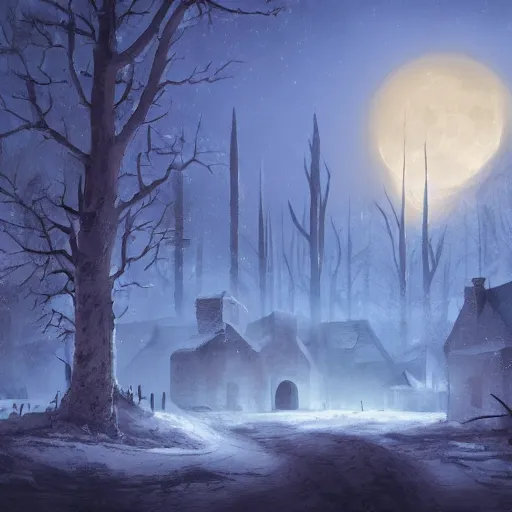 Prompt: a medieval village of moderate size next to a forest at night with the moon in the sky by noah bradley, matte painting, Artstation, snowy