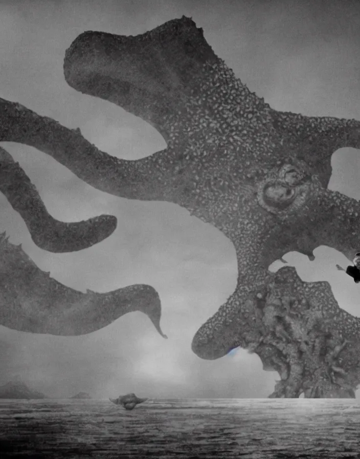 Image similar to a filmstill of a north korean monster movie, kaiju - eiga monster starfish - like trampling a traditional korean palace, foggy, film noir, video compression