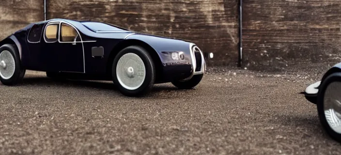 Image similar to a single bugatti type 5 7 sc atlantic and delorean hybrid, dslr, volumetric lighting