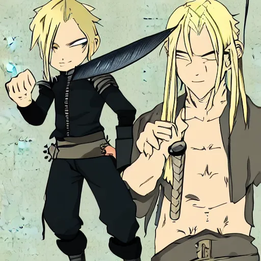 Image similar to young blonde boy fantasy thief with daggers in a tavern, full metal alchemist, anime style