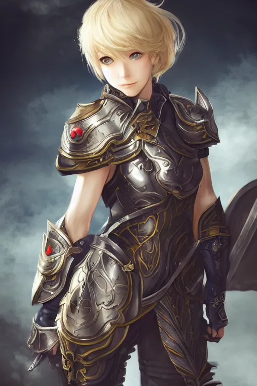 Image similar to A full body portrait of a female paladin, blonde hair, Akihiko Yoshida, concept art, very detailed, tone mapping, matte