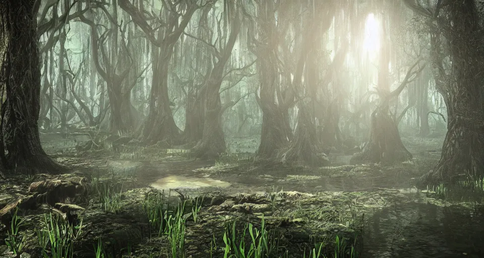 Image similar to A dense and dark enchanted forest with a swamp, from NCSOFT