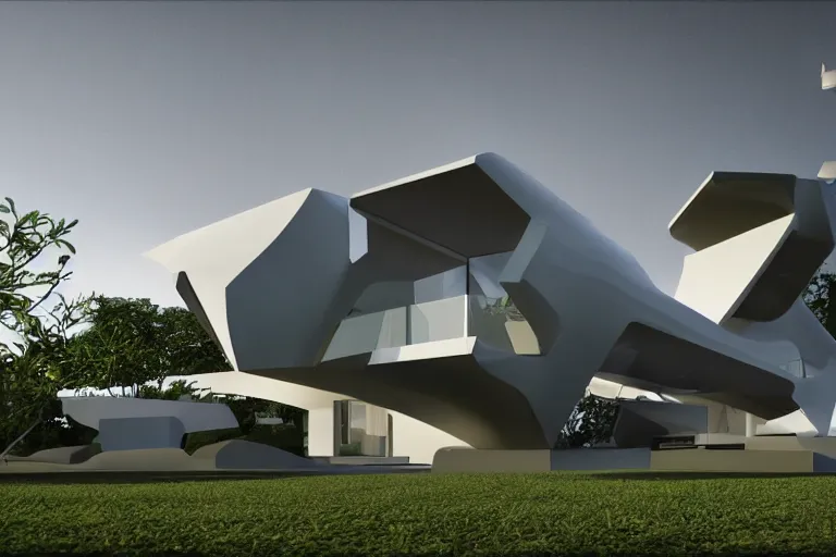 Image similar to photo of a futuristic modernized house designed in the style of seppo mantyla, 4 k, realistic render