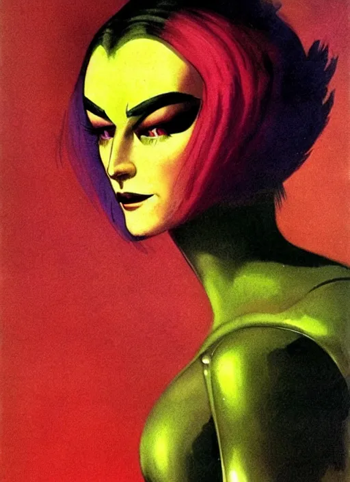 Image similar to female evil android, neon hair, glowing skin, strong line, saturated color, beautiful! coherent! by frank frazetta, high contrast, minimalism