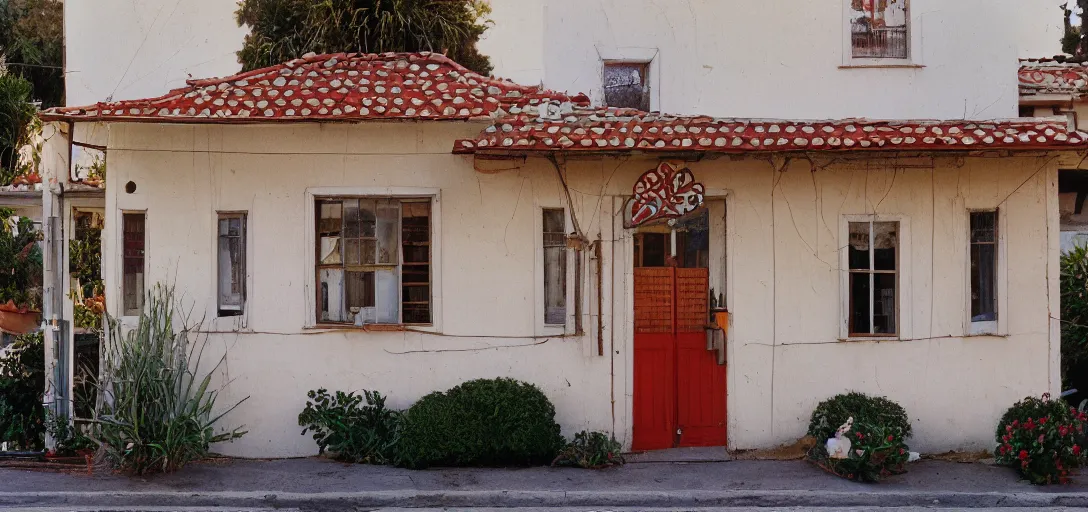 Image similar to exterior of mission revival house with portuguese tiles. monterey, ca. fujinon premista. portra 8 0 0.