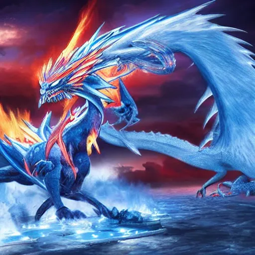 Image similar to ice Phoenix fighting against fire dragon, realistic