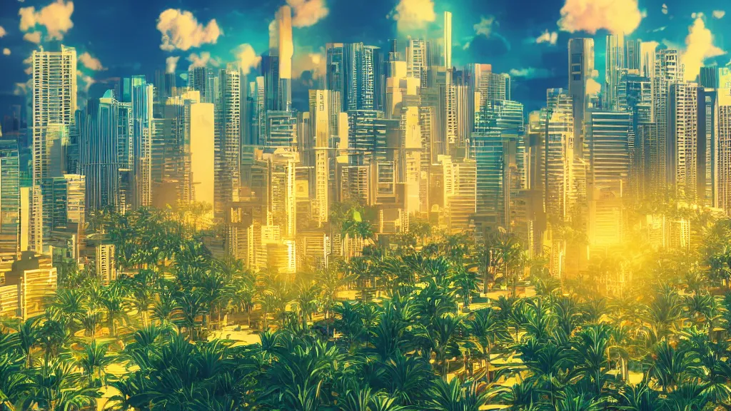 Image similar to golden city in a vaporwave jungle, 4k, ultra realistic, award winning photograph