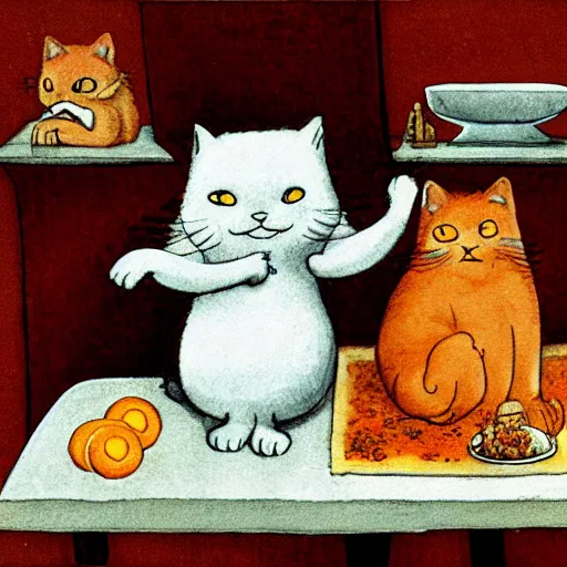 Image similar to fat orange cat on a table with lasagna by maurice sendak