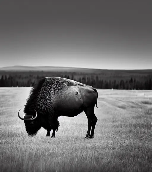 Prompt: Award winning Editorial photo of an american bison in yellowstone by Edward Sherriff Curtis and Lee Jeffries, 85mm ND 5, perfect lighting, gelatin silver process