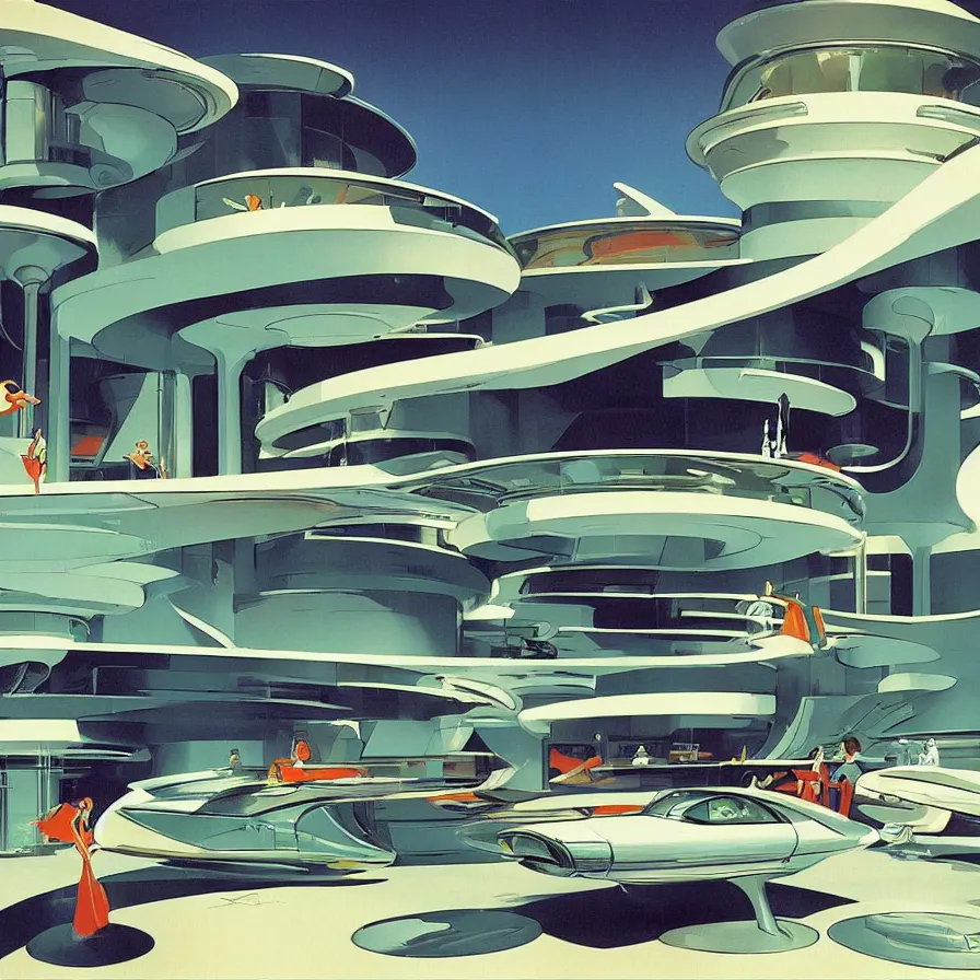 Prompt: concept art of jetsons cartoon scenario of a futuristic house, painted by syd mead